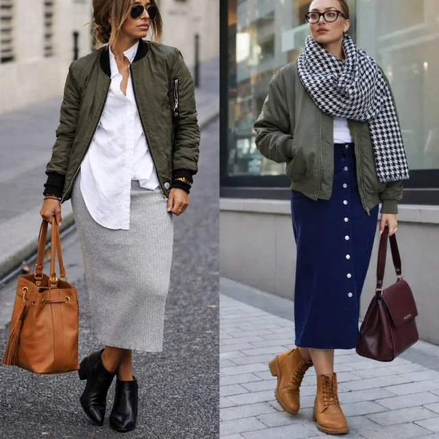 check scarf green bomber jacket denim skirt white shirt boots
