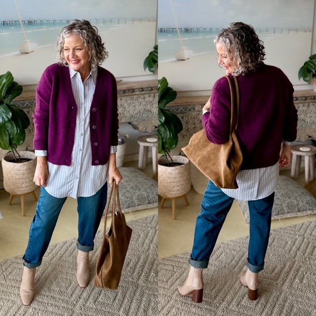 cropped purple top blue jeans boots handbag