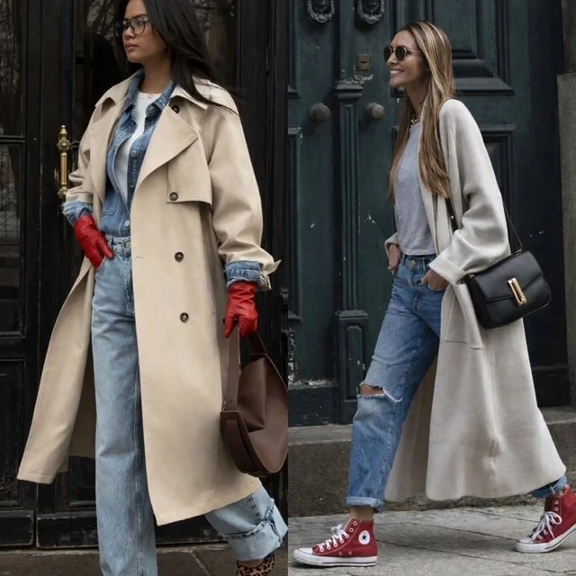trench coat street sneakers red gloves jeans jean shirt