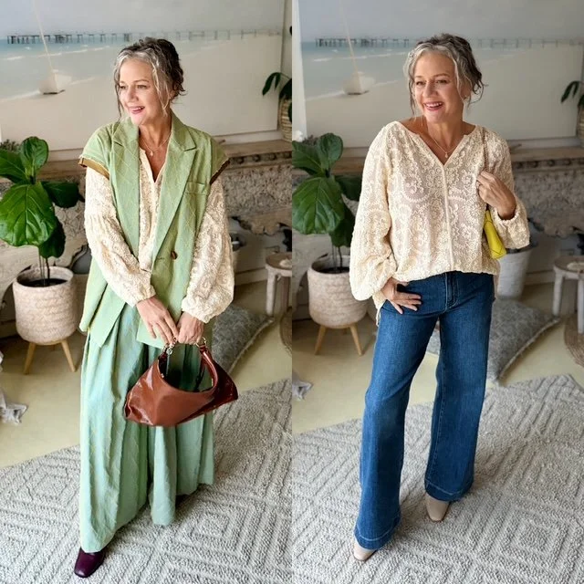 women standing crachet top blue jeans green large suit handbag