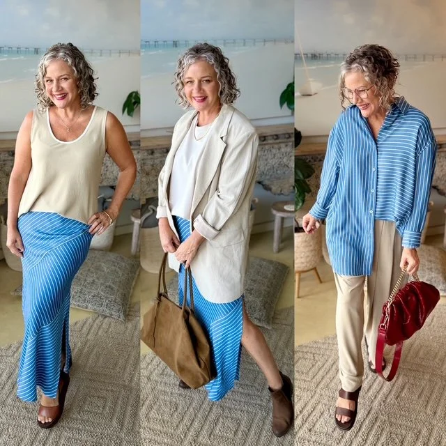 blue white stripe skirt shirt cream blazer sinlget handbags