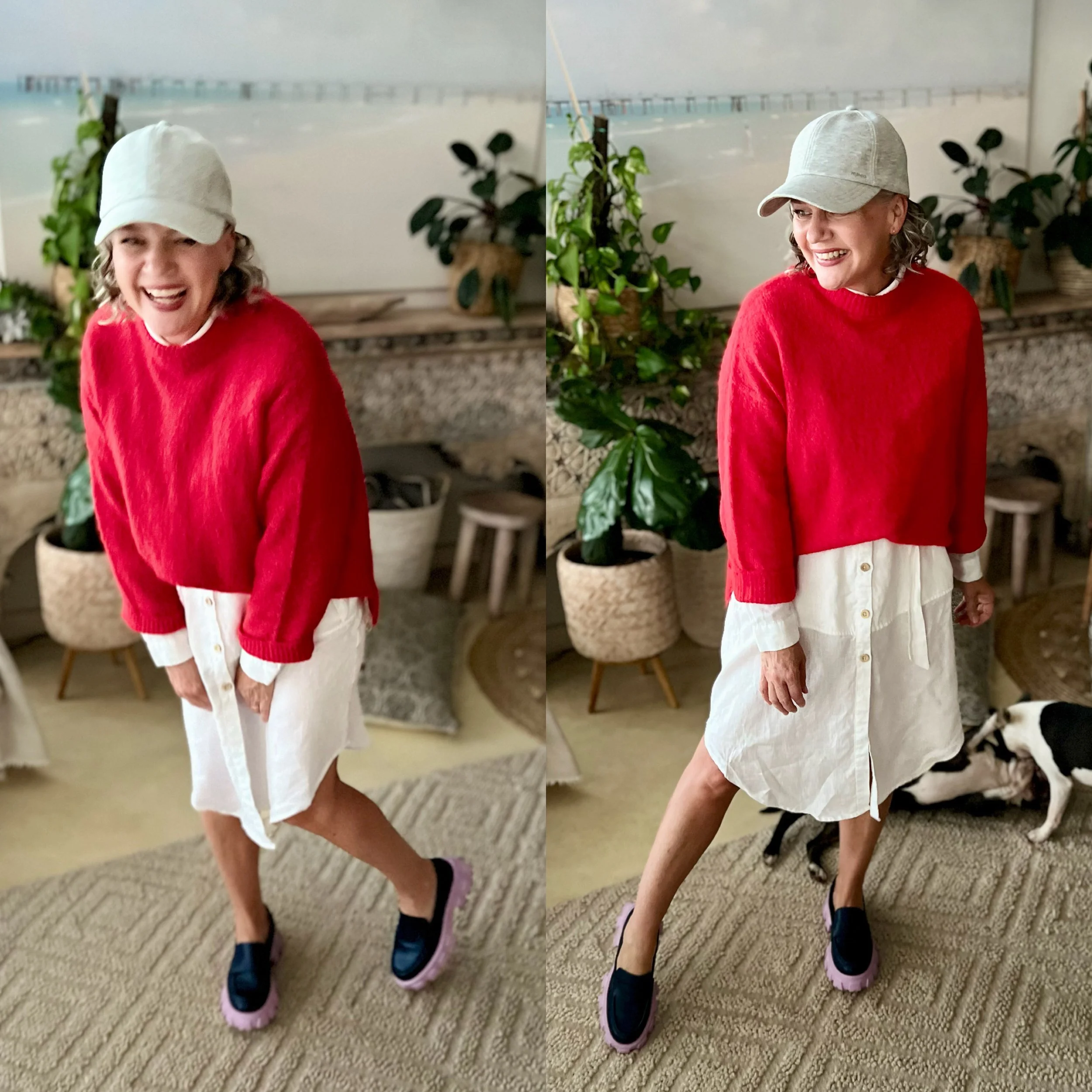 red knit jumper grey baseball cap white skirt
