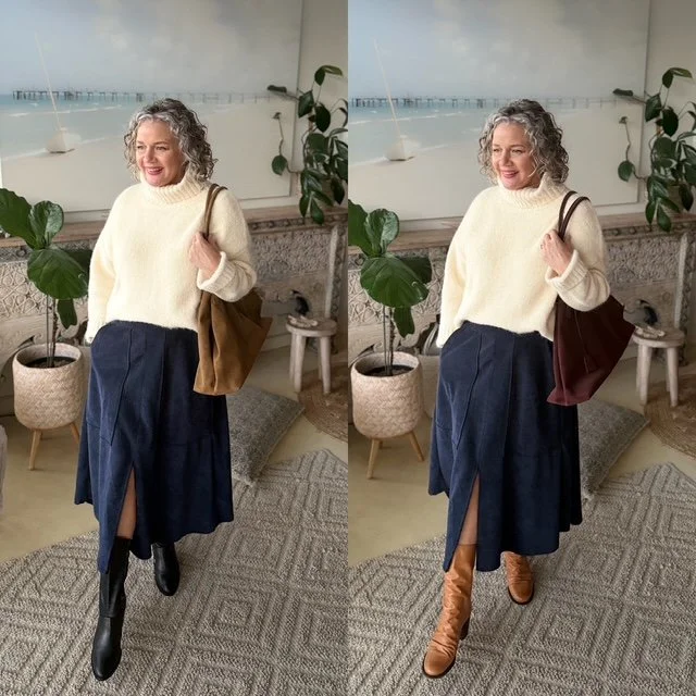 butter knit turtle neck blue heavy skirt boots
