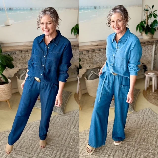 blue shirt wide leg pants dark blue