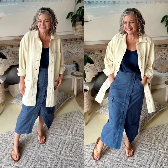 women standing lemon long coat denim skirt thongs