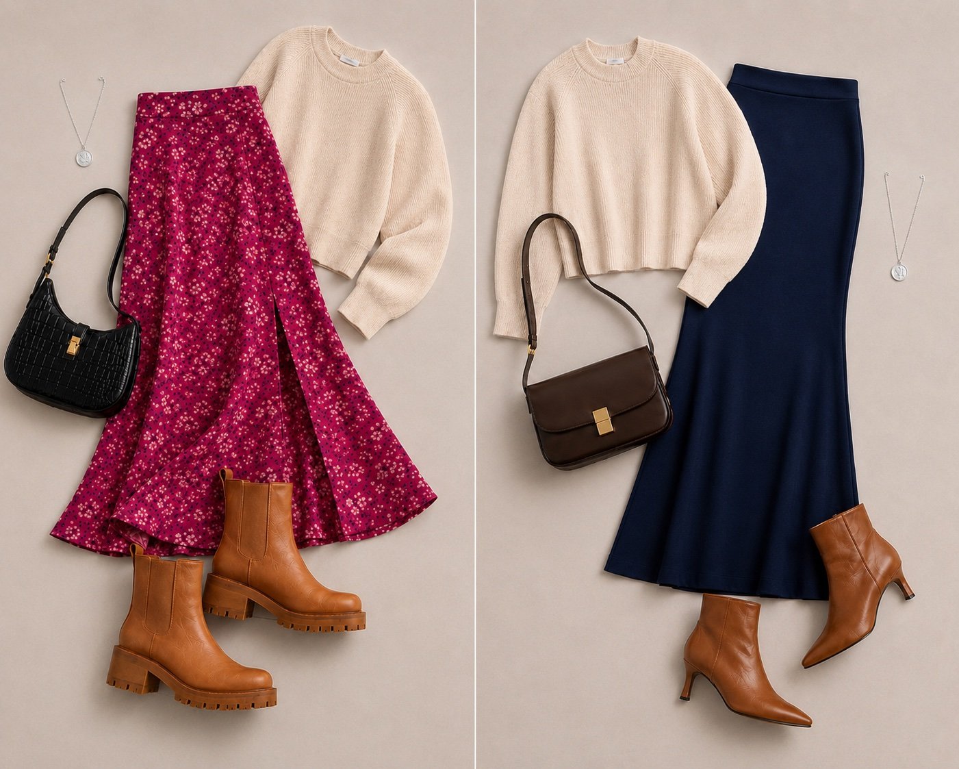 exmaple lay of clothes ankle boots ankle high heels cream knit blue skirt handbag