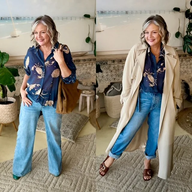 chiffon shirt horoscope pattern jeans overcoat