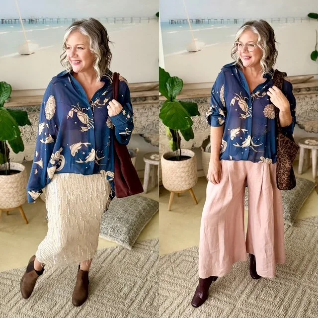 chiffon shirt horoscope pattern skirt wide leg peach pants