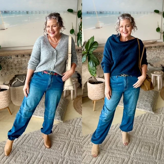 jeans boots grey cardigan blue knit top