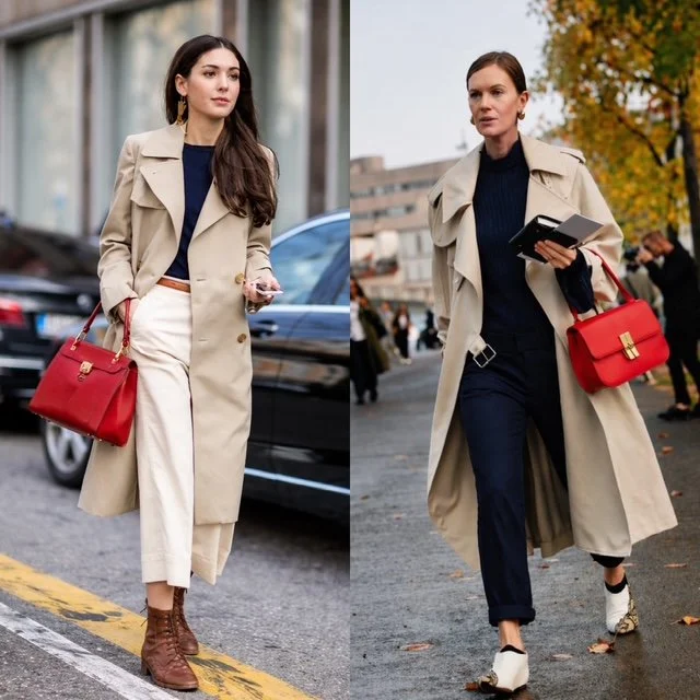 trench coat boots red hand bag black top black pants