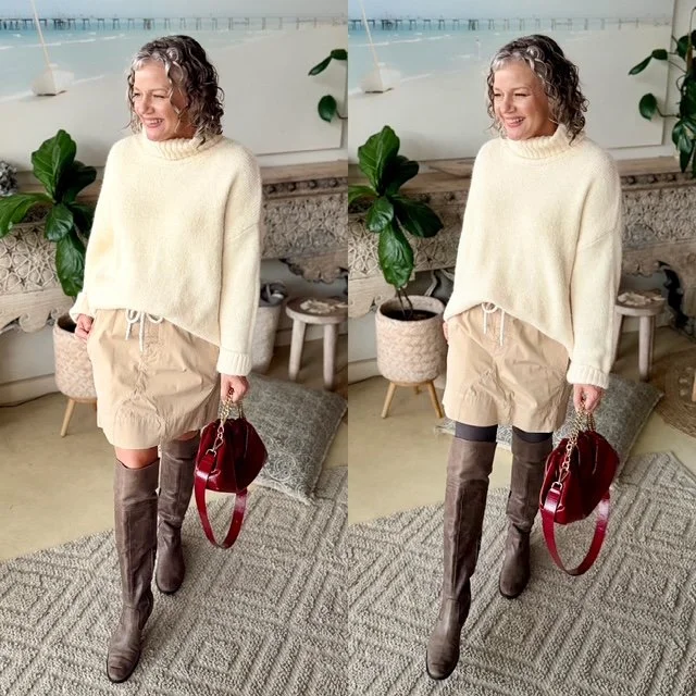 skirt yellow knit  woman standing over knee boots hand bag knit jumper