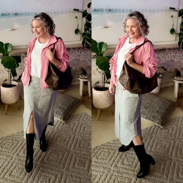 grey skirt pink jacket white tee boots brown handbag