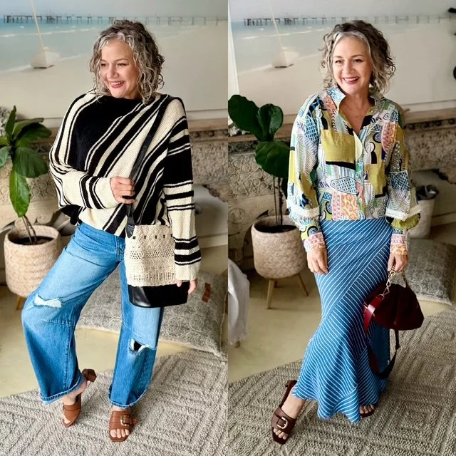 women standing blue jenas striped skirt gray hair.