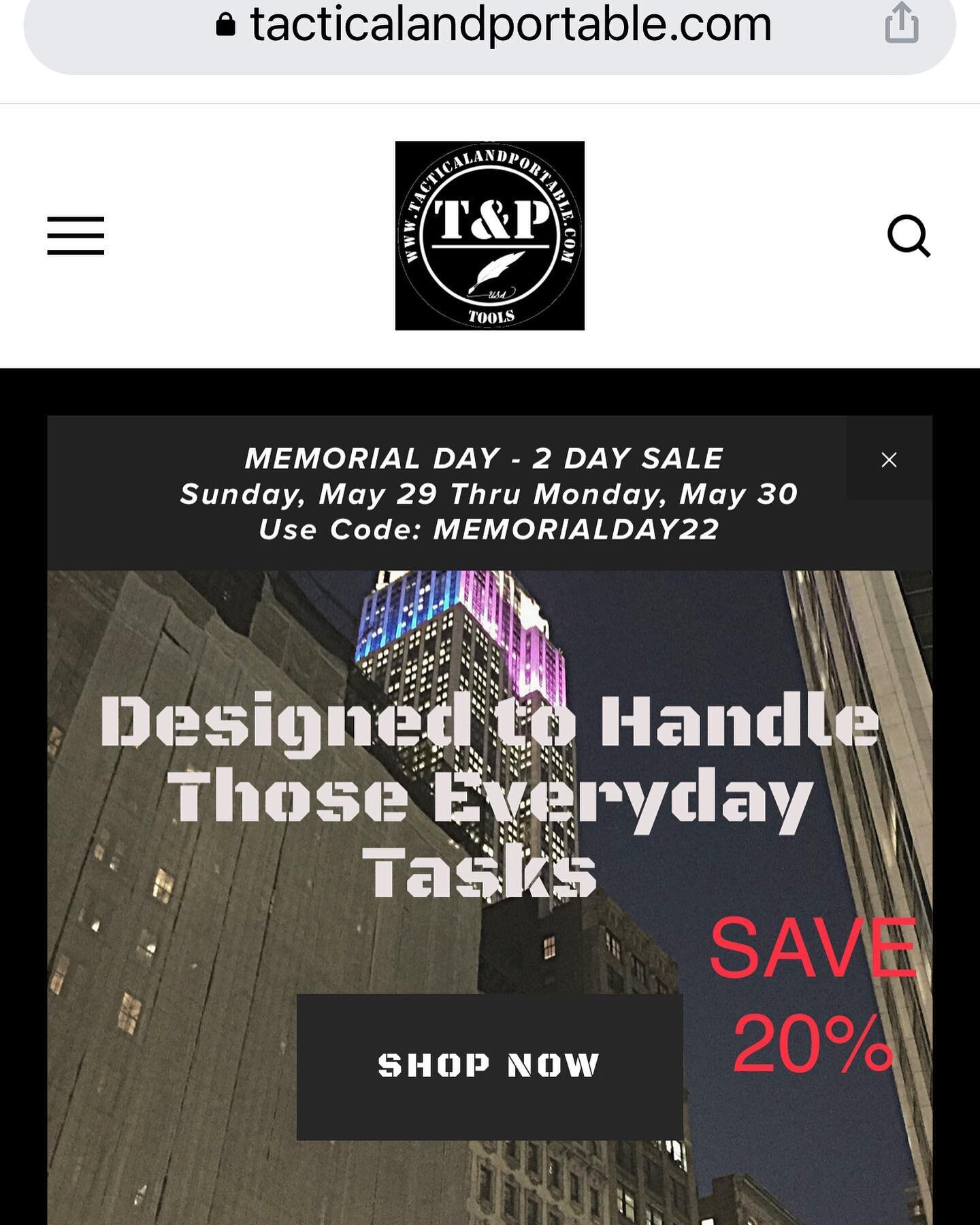 Memorial Day - 2 Day Sale
From now thru Monday, May 30 Save 20% Storewide.

Use Code: MEMORIALDAY22

Hope you are having a great weekend my friends!
-
-

 #edc #edcgear #utilityknife #carbonfiber #utilityblade #everydaycarry #g10 #tiedc #edcknife #ed