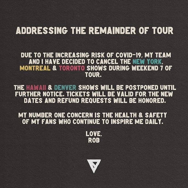 statement for the remainder of tour

no artist wants to cancel/postpone shows but for the safety of everyone it&rsquo;s imperative we take this level of precaution

stay safe &amp; healthy everyone, I&rsquo;ll be active throughout the coming weeks