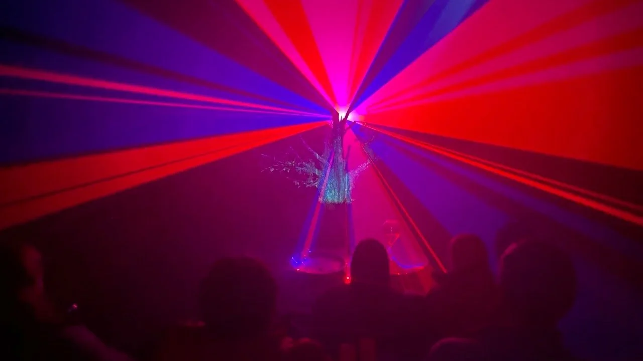 A performer on stage is illuminated by colorful laser lights, with an audience watching in the foreground.