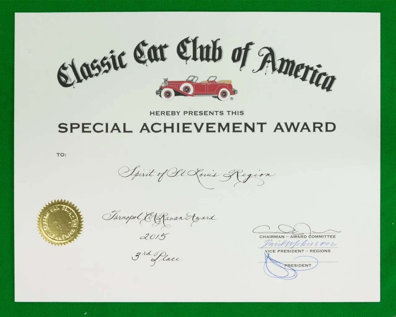 The Tarnopol Award, 3rd Place - 2015 Also awarded to SSR in 2008 Awarded annually at the National Annual Meeting to the Region which had the most participation in the CARavans of the previous year.