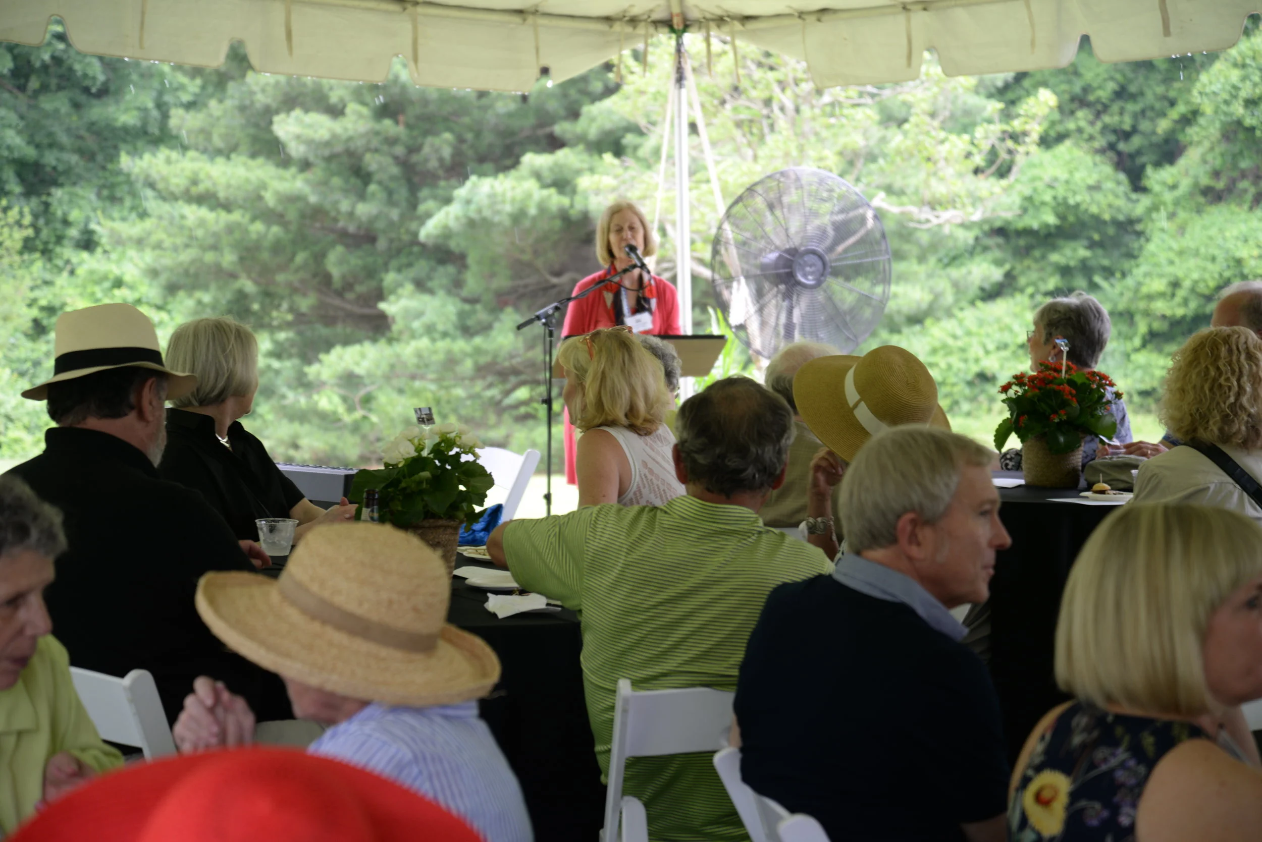 Kay Dusenbery, Director of the Frank Lloyd Wright House in Ebsworth Park, addresses guests.