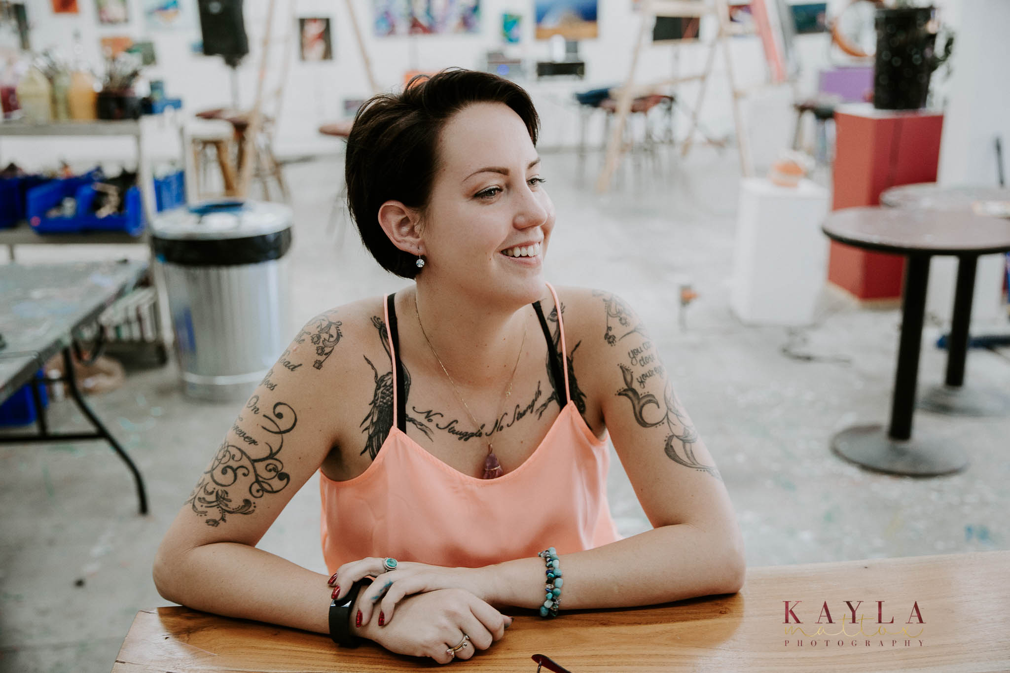 (K) "Tell me a little bit about yourself." (S) "So, my sister and I grew up here. We are twins. I joined the military and she stayed here, did murals and created art. She has done like 69 murals in this town. I was a hygienist in the Air Force and I just got out of the military in January. She pitched this idea to me and I thought it was amazing. I was totally nervous about it because I am super organized and was like "it's not going to work." Then, this building fell in our laps. Bill Butler owns this building. He is a photographer and is super amazing. He was able to work a deal out with us so that we could rent it, renovate it and use it the way that we want to use it. It is ALL Lia though, straight up Lia."