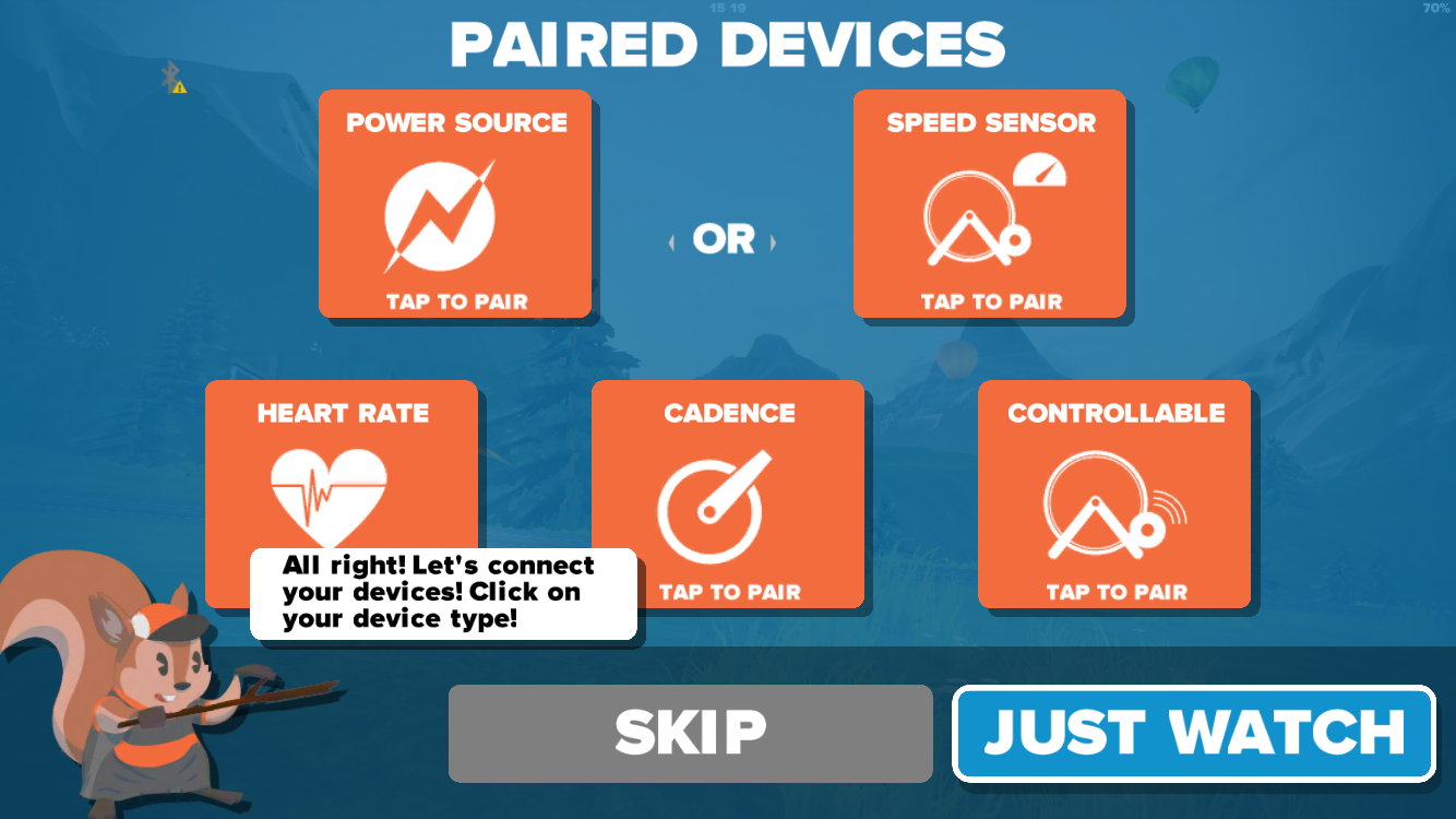 Die App führt uns sofort auf den Bildschirm, wo wir unsere Geräte mit der App koppeln sollen. Bluetooth muss eingeschalten sein (siehe Bluetooth-Status links oben) und die Geräte müssen "aufgeweckt" werden. Die beiden oberen Felder lassen die Wahl, woher Zwift die Daten bekommen soll, um die Bewegung des Avatars zu berechnen - Power (Watt) oder von einem Geschwindigkeitssensor (das ist die ungenauere Variante!). Unten wählt man optional Herzfrequenz und Trittfrequenz aus, unten rechts kann man einen "Smart Trainer" koppeln, der dann von der Software gesteuert wird. Wenn man dem eigenen Powermeter mehr vertraut als den Watt, die der Rollentrainer auswirft, ist es auch möglich oben den Powermeter auszuwählen und unten die Rolle als "Controllable Trainer".