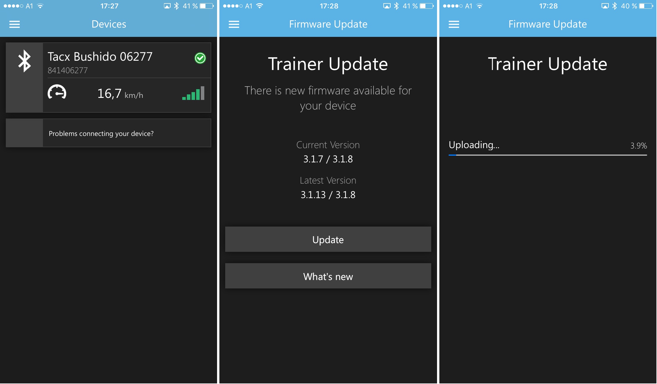 Meine Tacx-Rolle wurde nicht sofort als "Controllable Trainer" erkannt. Erst nach einem Firmware-Update mit der "Tacx Utility"-App (über Bluetooth natürlich!) war alles auf dem neuesten Stand und die Role wurde sofort erkannt. (Achtung: die Tacx Utility App kann sich nur mit der Rolle verbinden, wenn keine andere Verbindung besteht. Da bei mir die Rolle über Bluetooth schon mit Zwift verbunden war, musste ich ziemlich lange studieren, warum keine Verbindung möglich ist. Daher: Zuerst Firmware-Update machen, dann erst mit Zwift koppeln!)