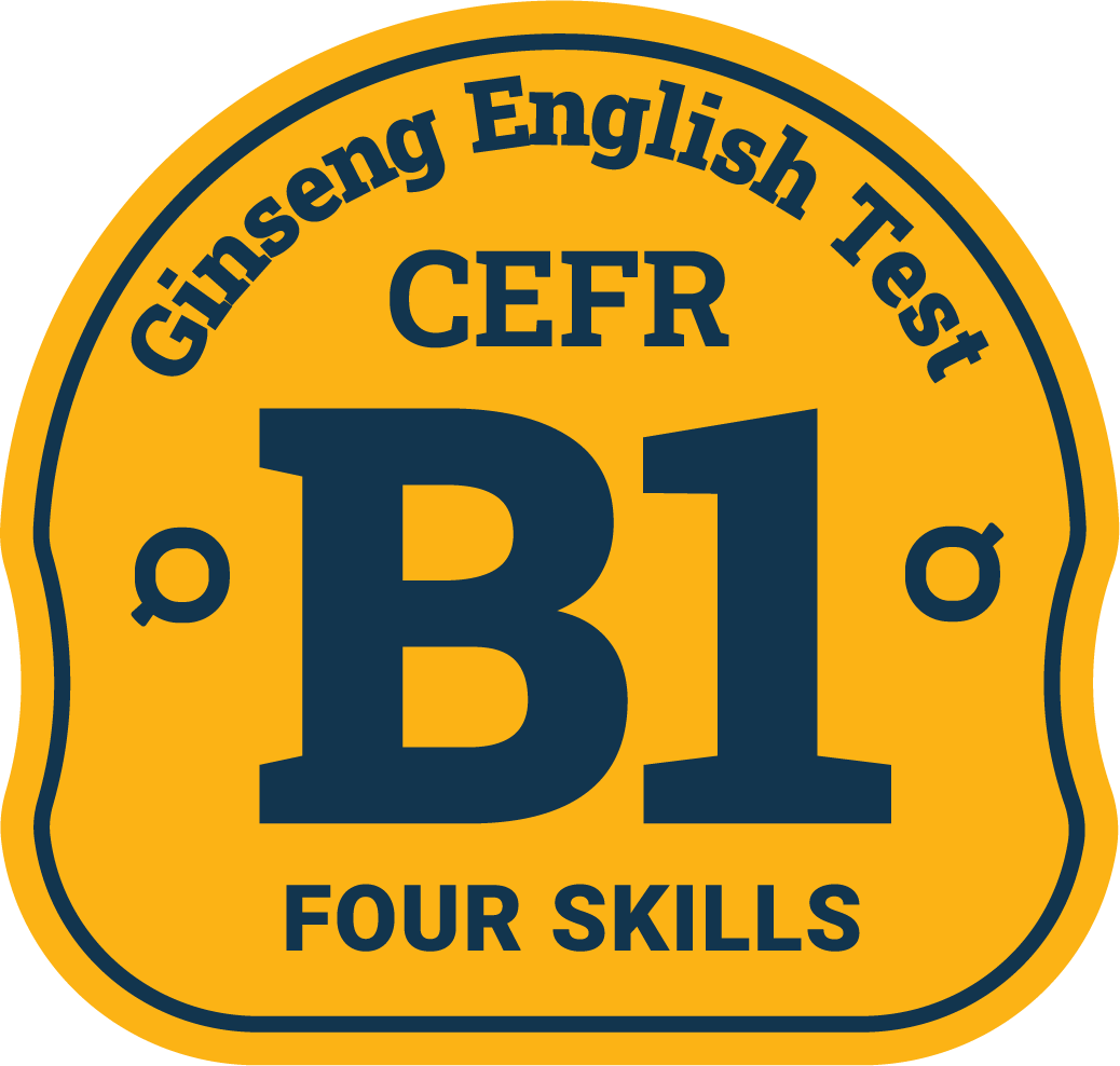 Yellow badge with text 'Ginseng English Test CEFR B1 FOUR SKILLS'