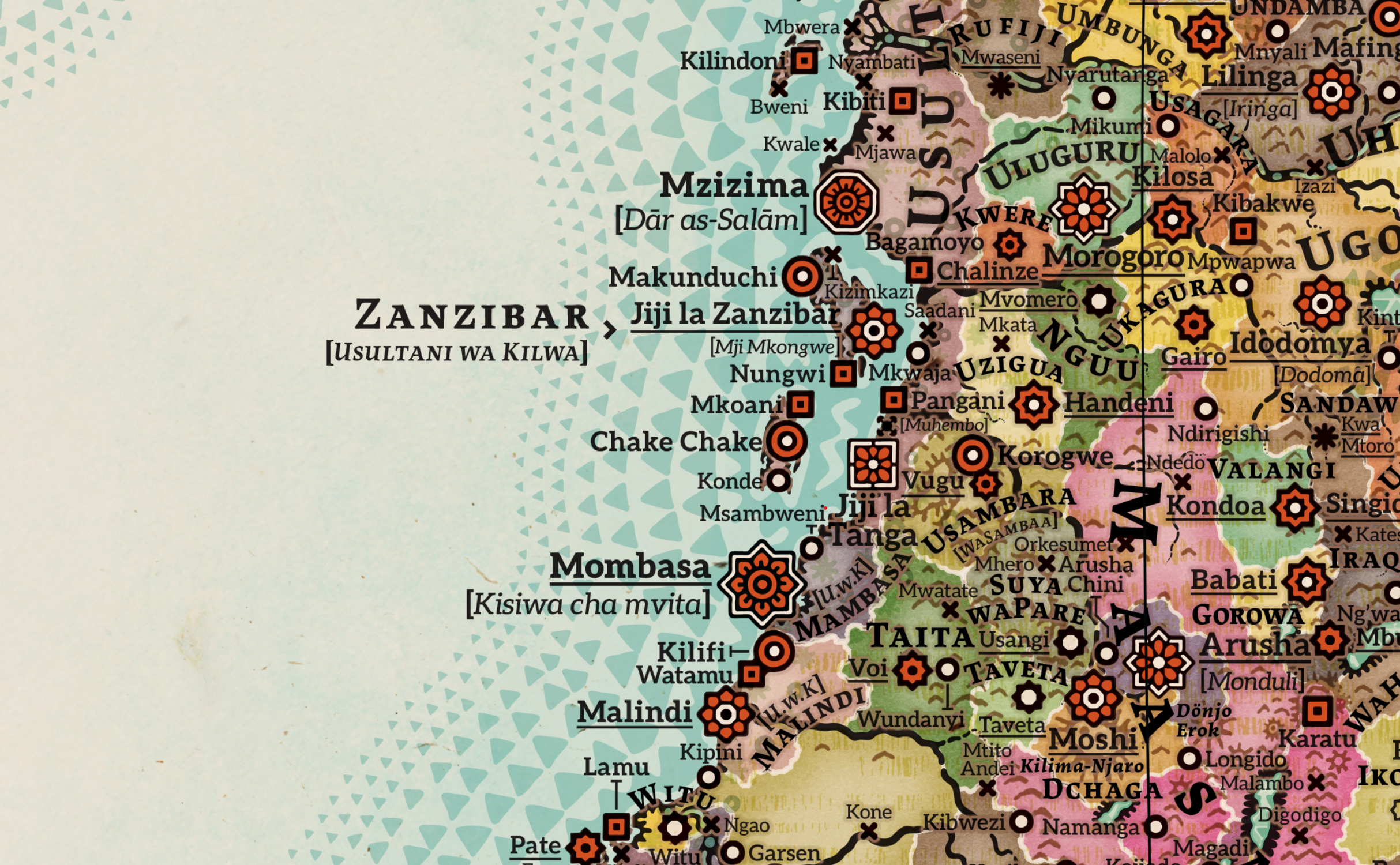 Alkebulan-1300AH-detail-Zanzibar-Usultani-wa-Kilwa-city-symbols-Swahili-coast-Maasai-Arusha-Monduli-Mombasa-map-1882.png