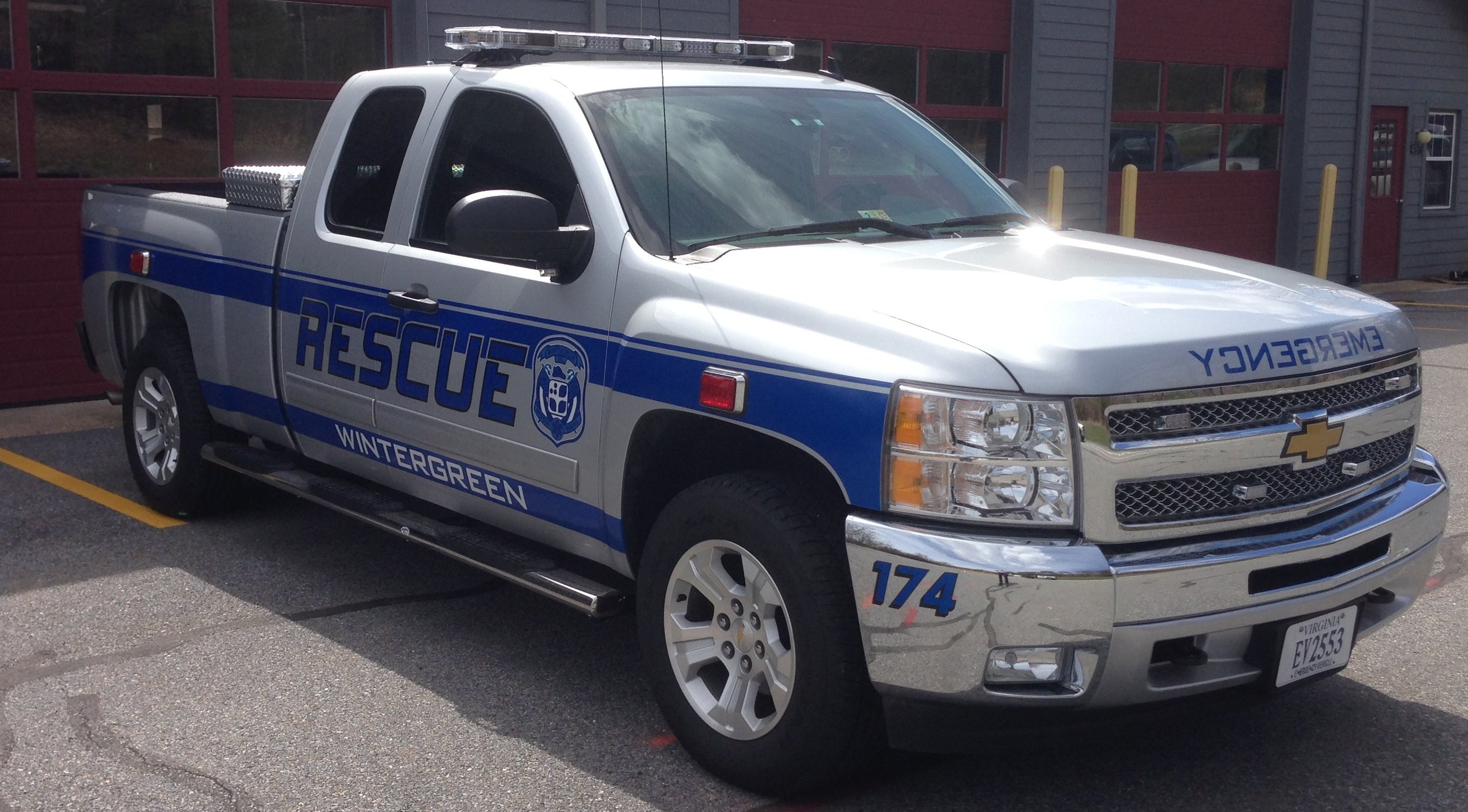 The new Response 174 is a half-ton extended cab Chevy Silverado. 60% of the rear seat was removed to make room for a full compliment of ALS gear. This vehicle, purchased in April 2014, will become the primary ALS response vehicle for Wintergreen Station 2. 174 is now far more capable of pulling the ATV trailer, the Special Events trailer, and the Forest Fire Support Trailer should a need arise. The truck, as well as all of the items we purchased to outfit it as an emergency vehicle were Made In America.