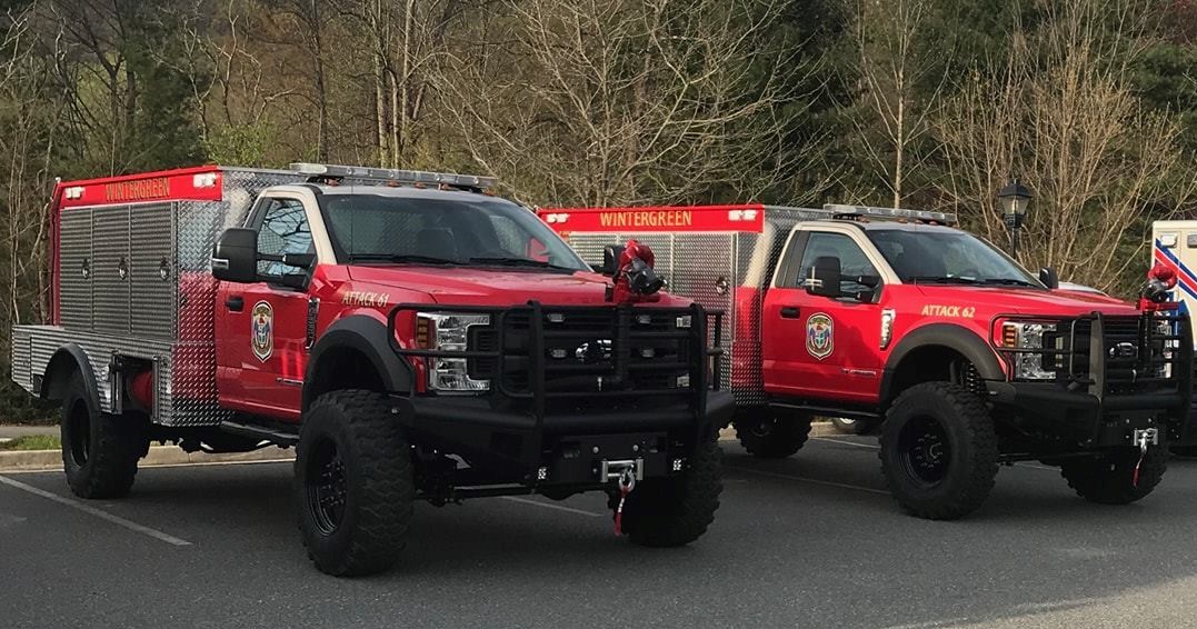Attack 61 & 62 - 2019 Ford F550 Fire attack trucks carrying 400 gallons of water and a 600 gallon-per-minute pump. Capable of "pump and roll" operations with joystick controls with a bumper mounted turret. 16,500 pound hydraulic winch mounted on the front and back. Pump has foam capability. Attack 61 & 62 will be deployed for grass/woods fires on the ski slopes and golf courses, as well as responses in deep snow and flood waters.