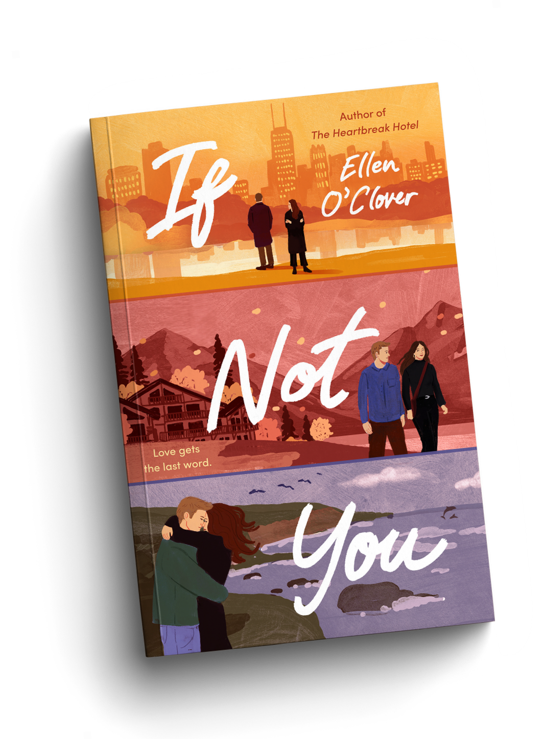 Book cover titled 'It's Not You' by Ellen O'Clover, divided into three sections: city skyline at sunset with two people standing, mountain scene with a house and two people walking, and a lakeside with a couple hugging.