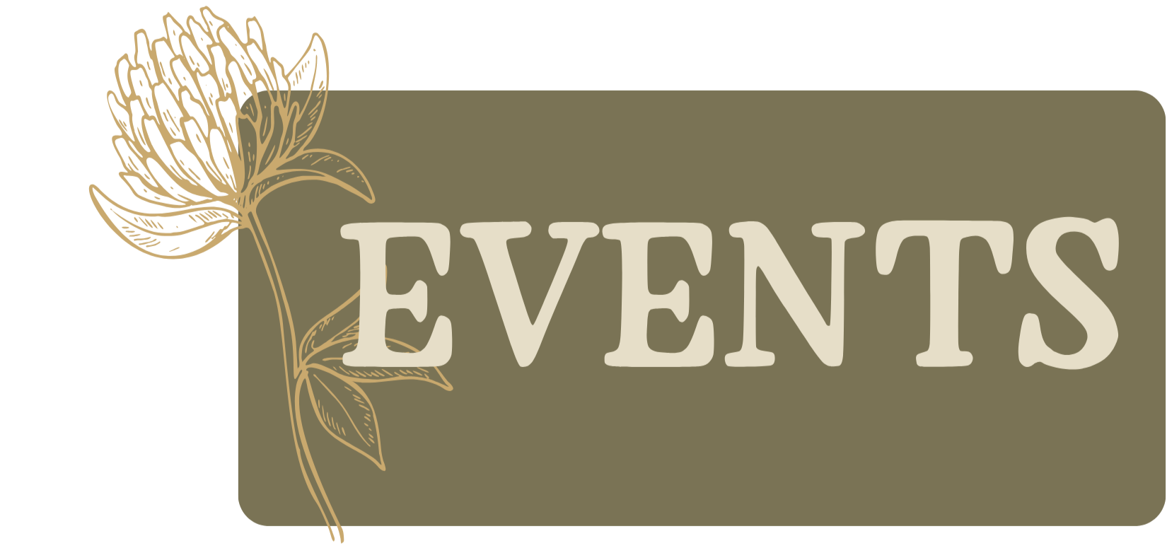 A sign with the word "Events" and a decorative flower illustration on a gold-colored background.
