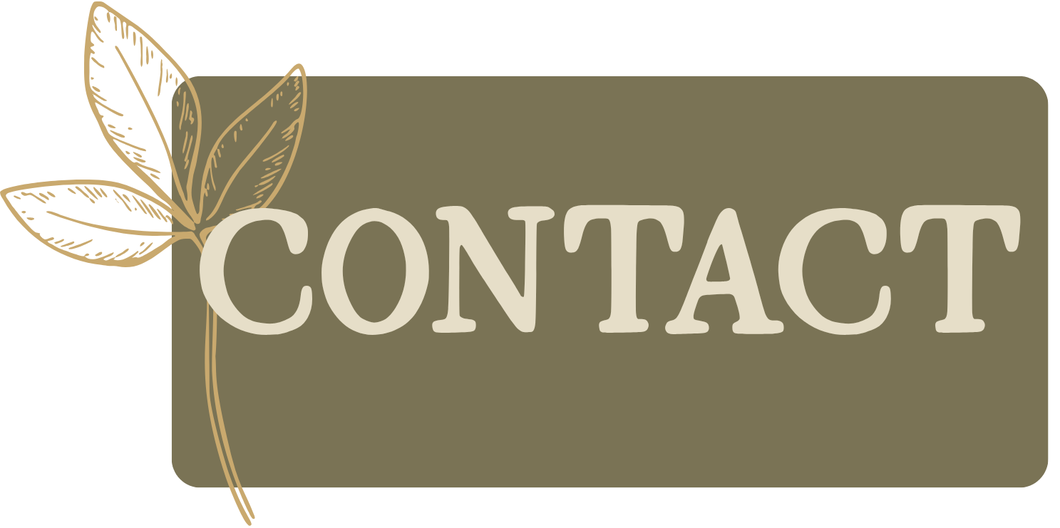 A graphical design with the word 'CONTACT' in large beige letters on a rectangular taupe background, decorated with a beige outline of three leaves
