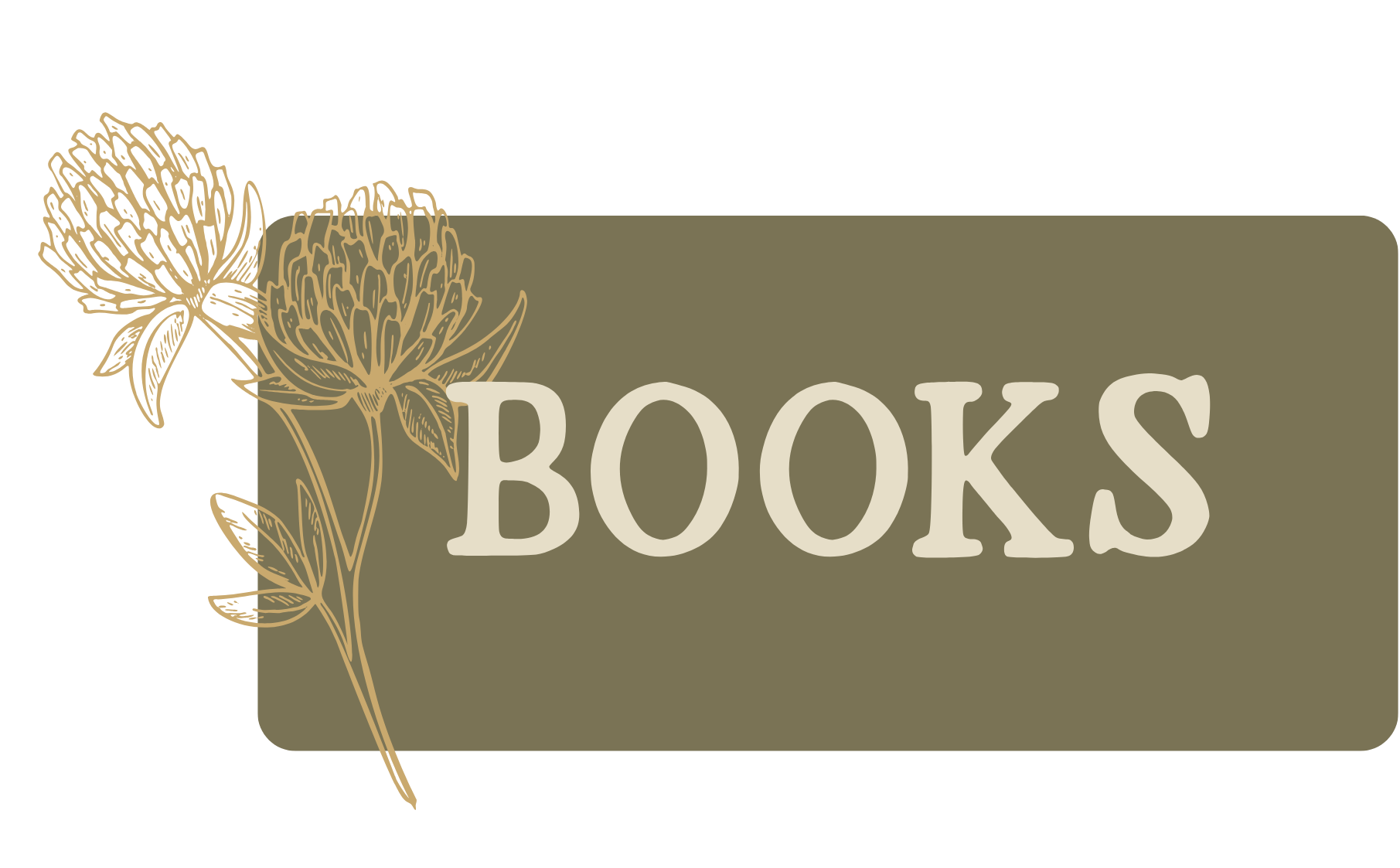 A decorative image with a greenish background and beige floral illustrations, featuring the word "BOOKS" in large, cream-colored letters.