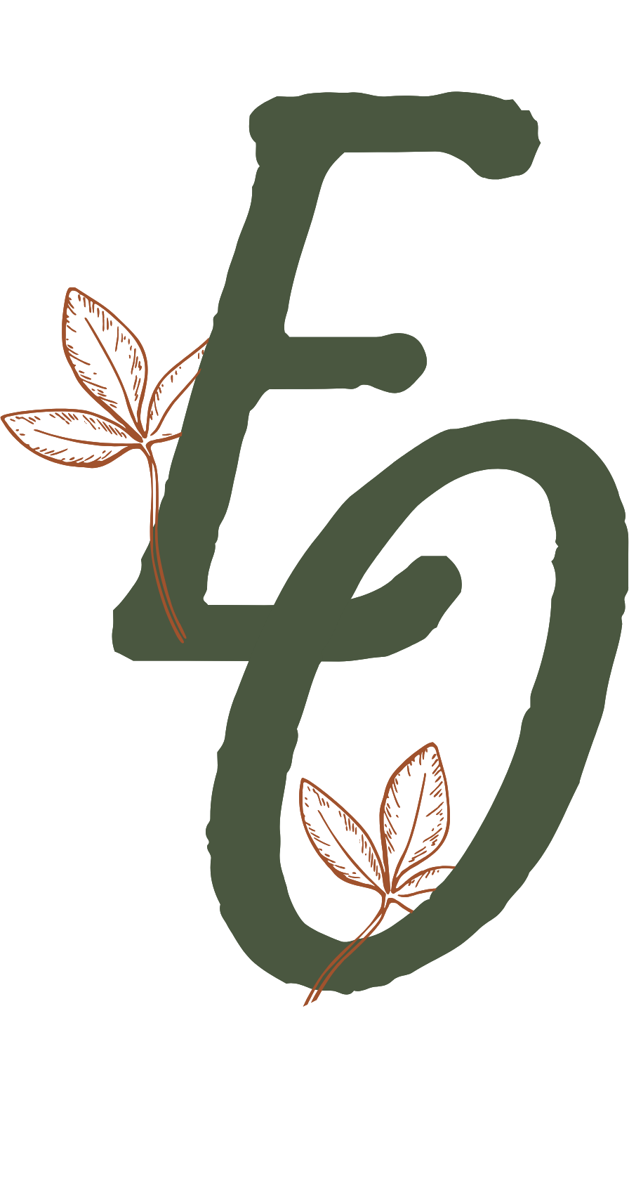 Decorative letters 'E' and 'O' with brown leaves on a black background.