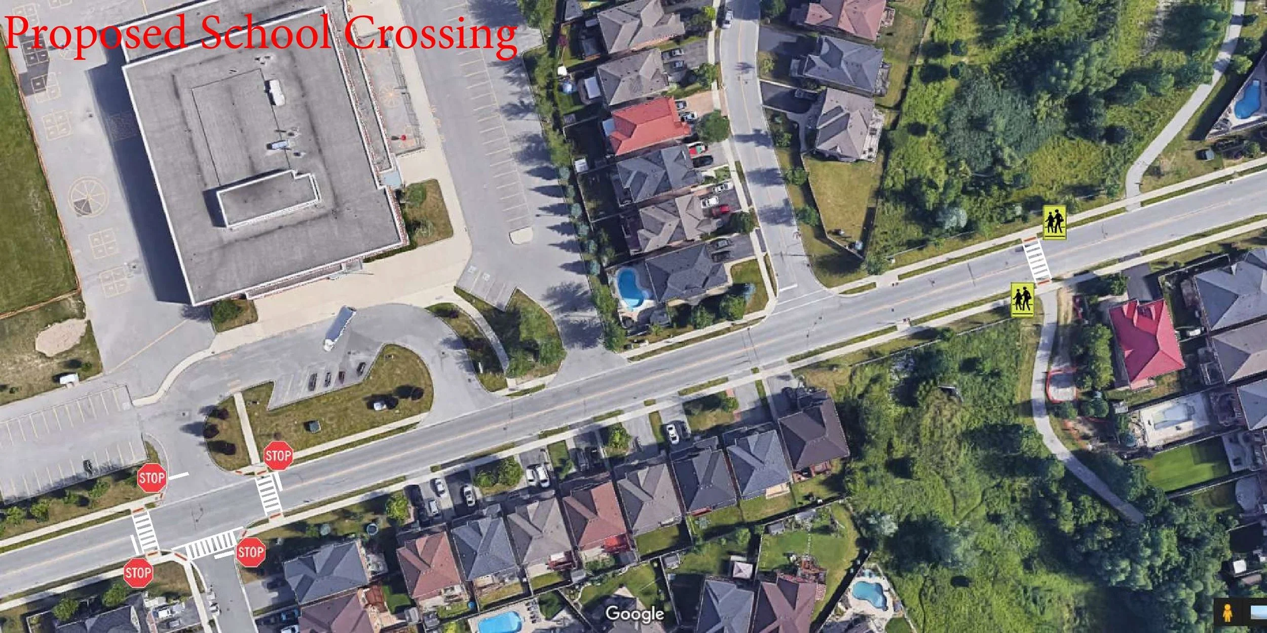 New all-way stop at Peter Hall Drive and new school crossing located at the path on Sawmill Valley Drive between Society Cresent and Colter Street.