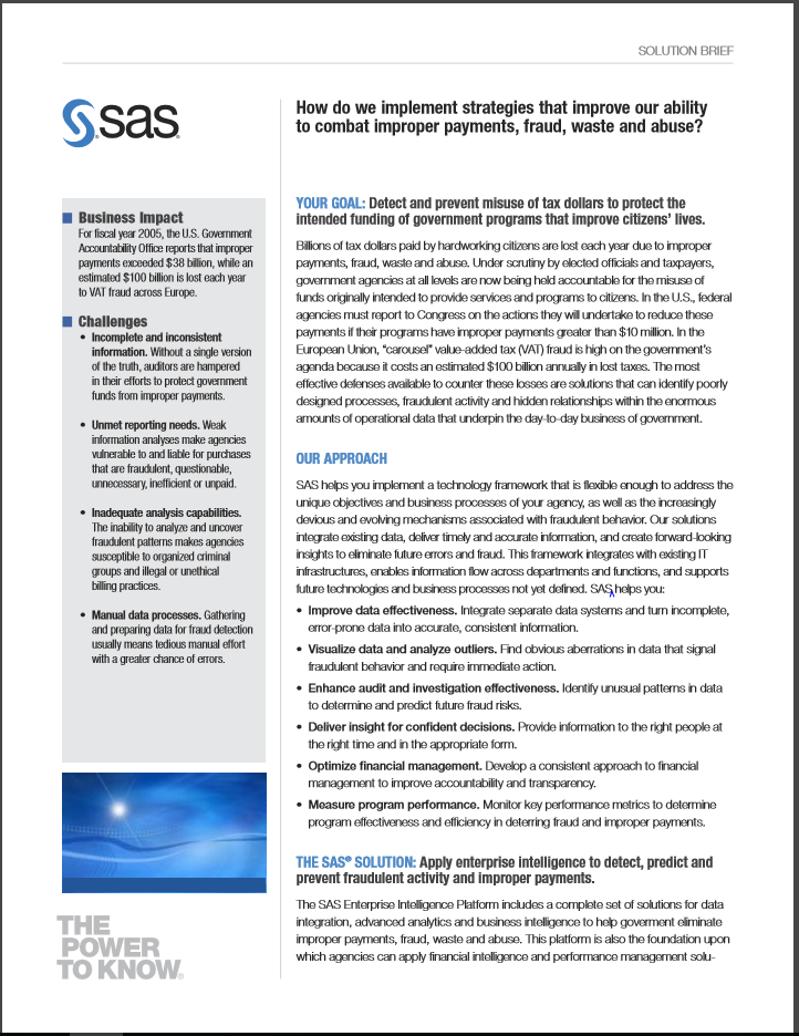 Solution Brief: SAS Software for Government Fraud, Waste and Abuse