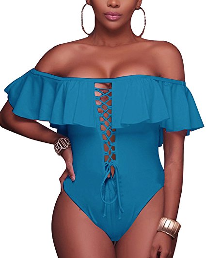 Bikini Lace up Ruffled Off Shoulder Flounce Monokini One Piece.jpg
