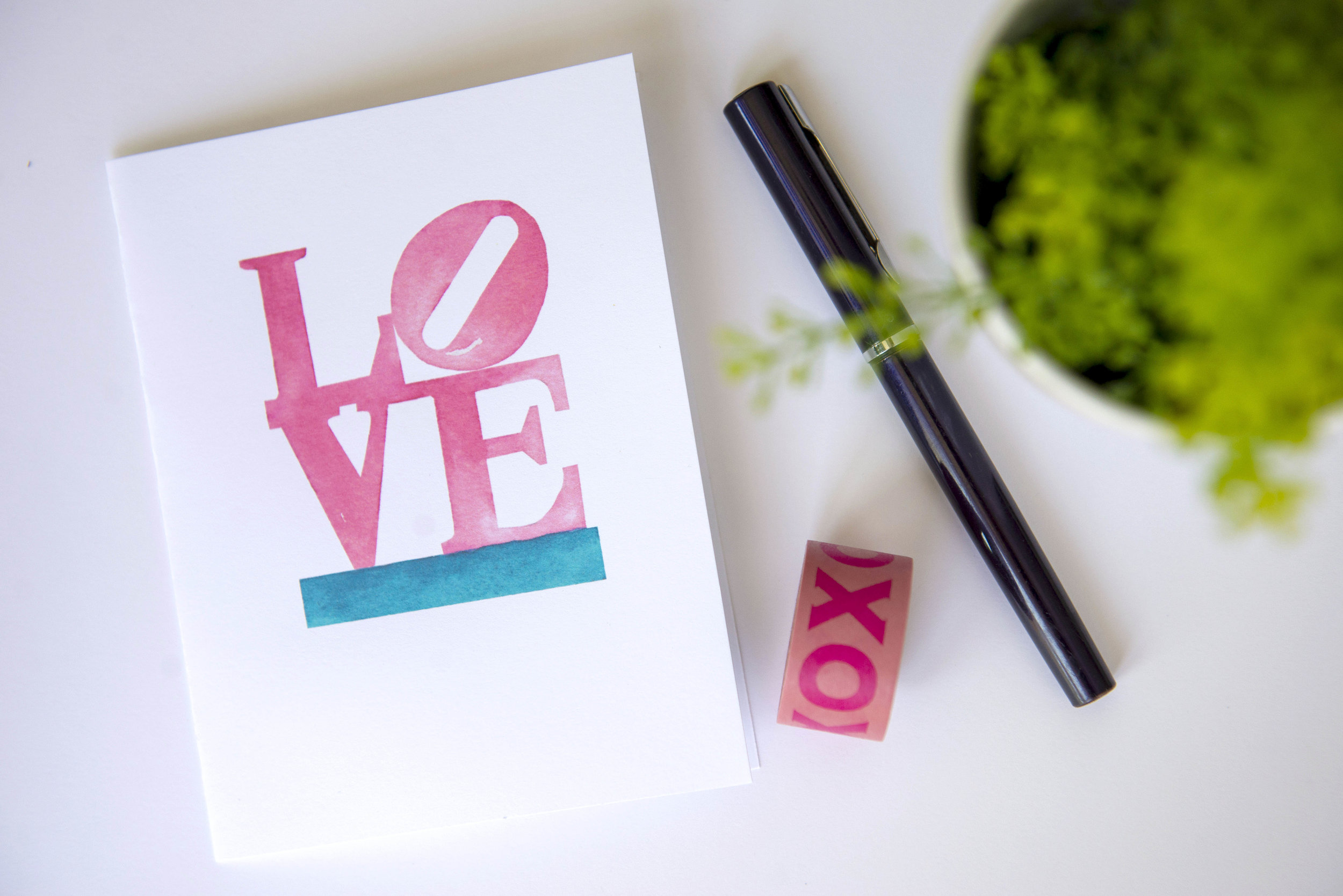 Printable watercolor greeting card featuring the LOVE statue. Download once and print again and again!  Prints (2) cards per 8.5x11 inch paper. 