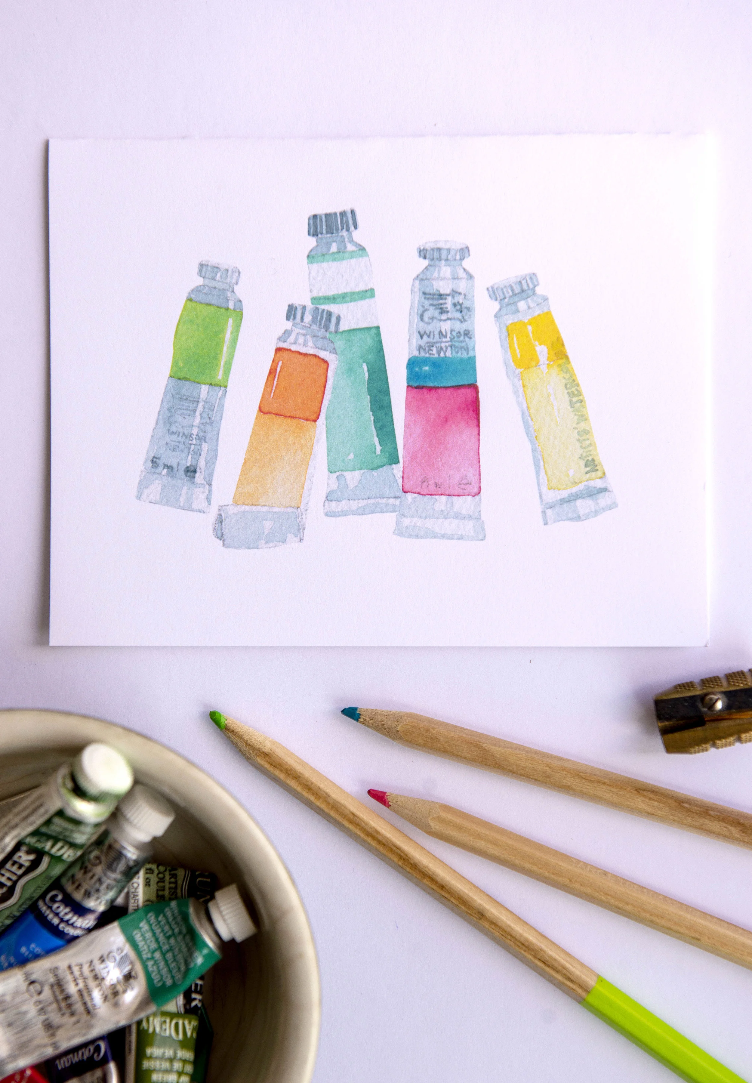 Printable watercolor greeting card featuring a collection of paint tubes. Download once and print again and again!  Prints (2) cards per 8.5x11 inch paper. 