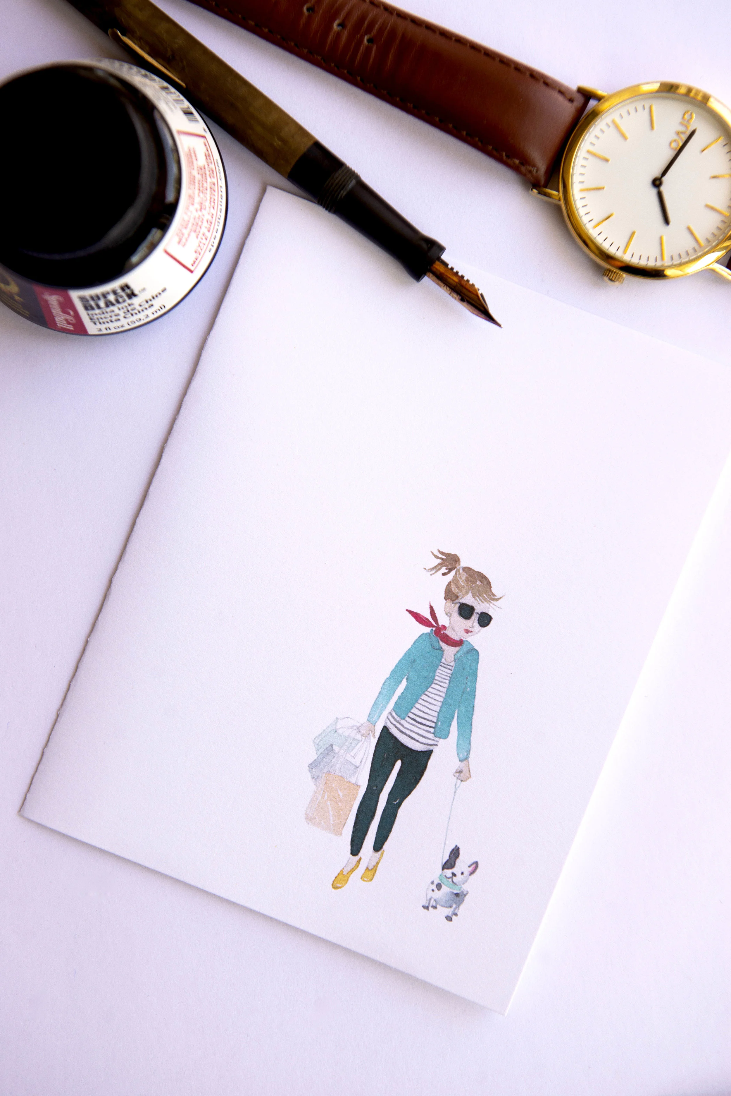 Printable watercolor greeting card featuring a stylish shopping girl with bags and her dog. Download once and print again and again!  Prints (2) cards per 8.5x11 inch paper. 