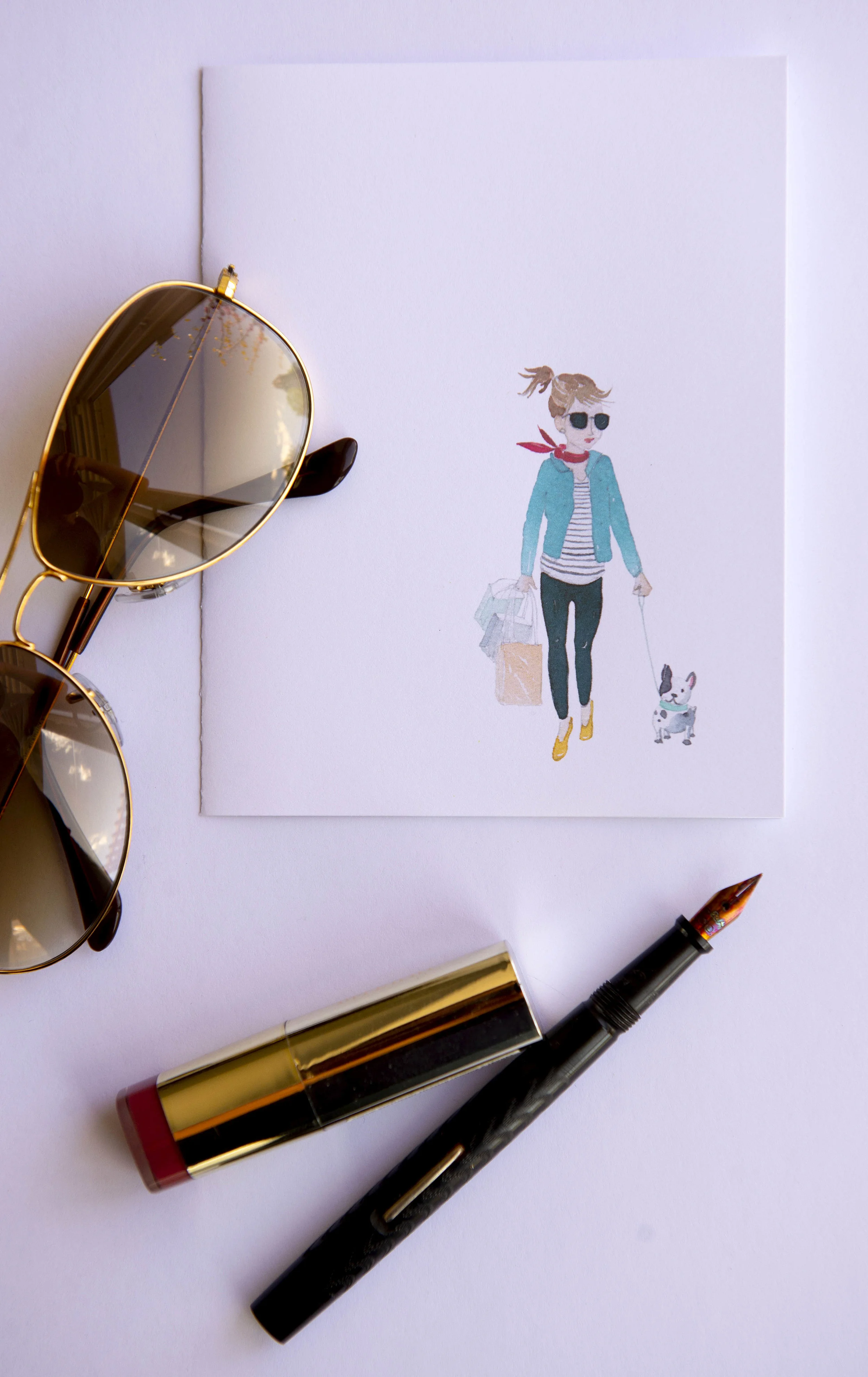 Printable watercolor greeting card featuring a stylish shopping girl with bags and her dog. Download once and print again and again!  Prints (2) cards per 8.5x11 inch paper. 