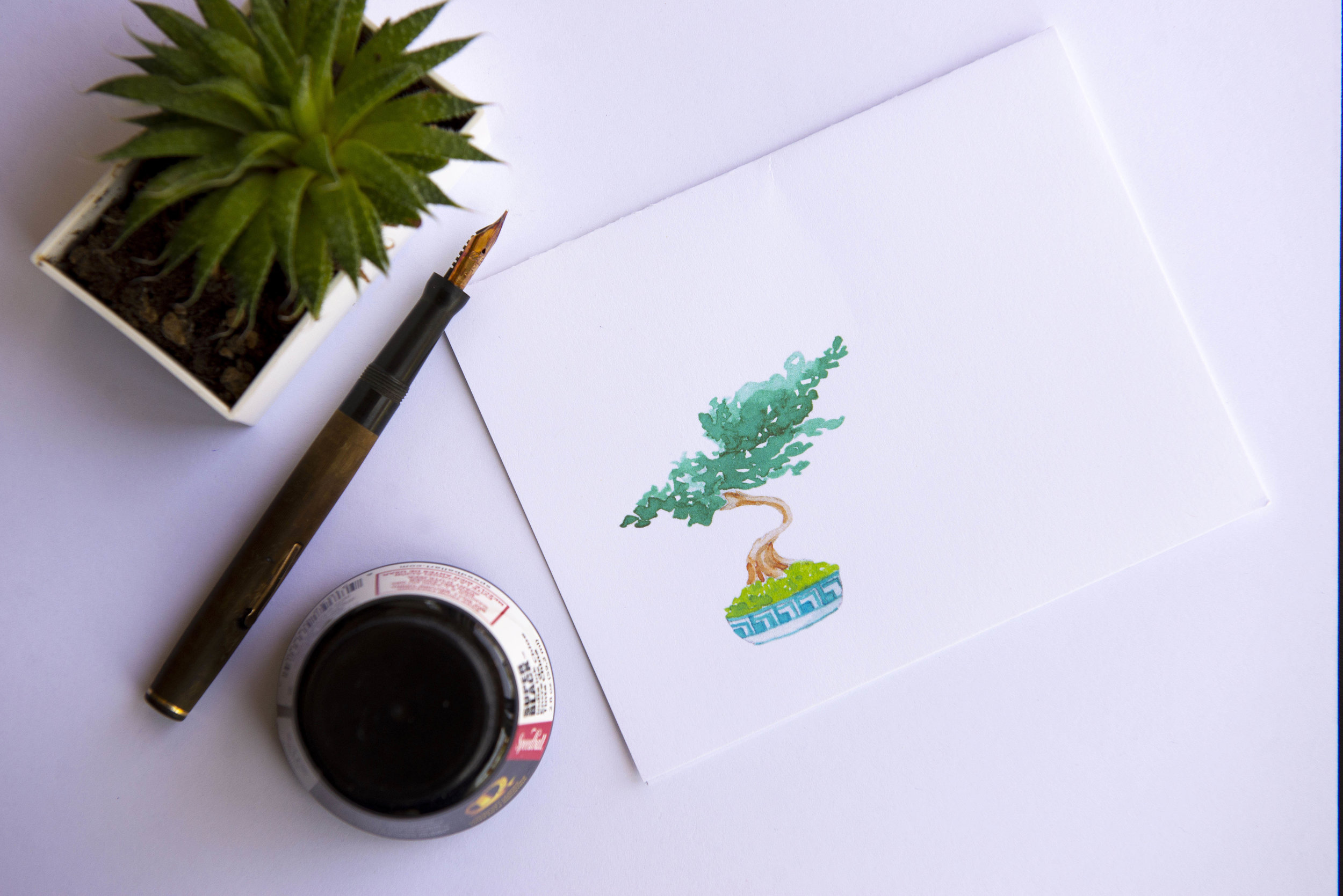 Printable watercolor greeting card featuring a small bonsai tree in the lower left corner. Download once and print again and again!  Prints (2) cards per 8.5x11 inch paper. 