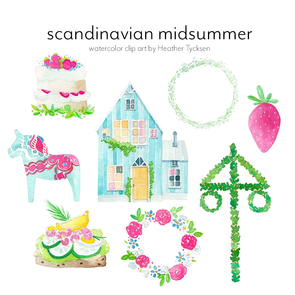 Beautiful watercolor clip art to celebrate Scandinavian Midsummer, or any spring or summer event. Blue and pink Dala horse, strawberry cake, floral crowns, smorrebrod, cottage, maypole + strawberry.