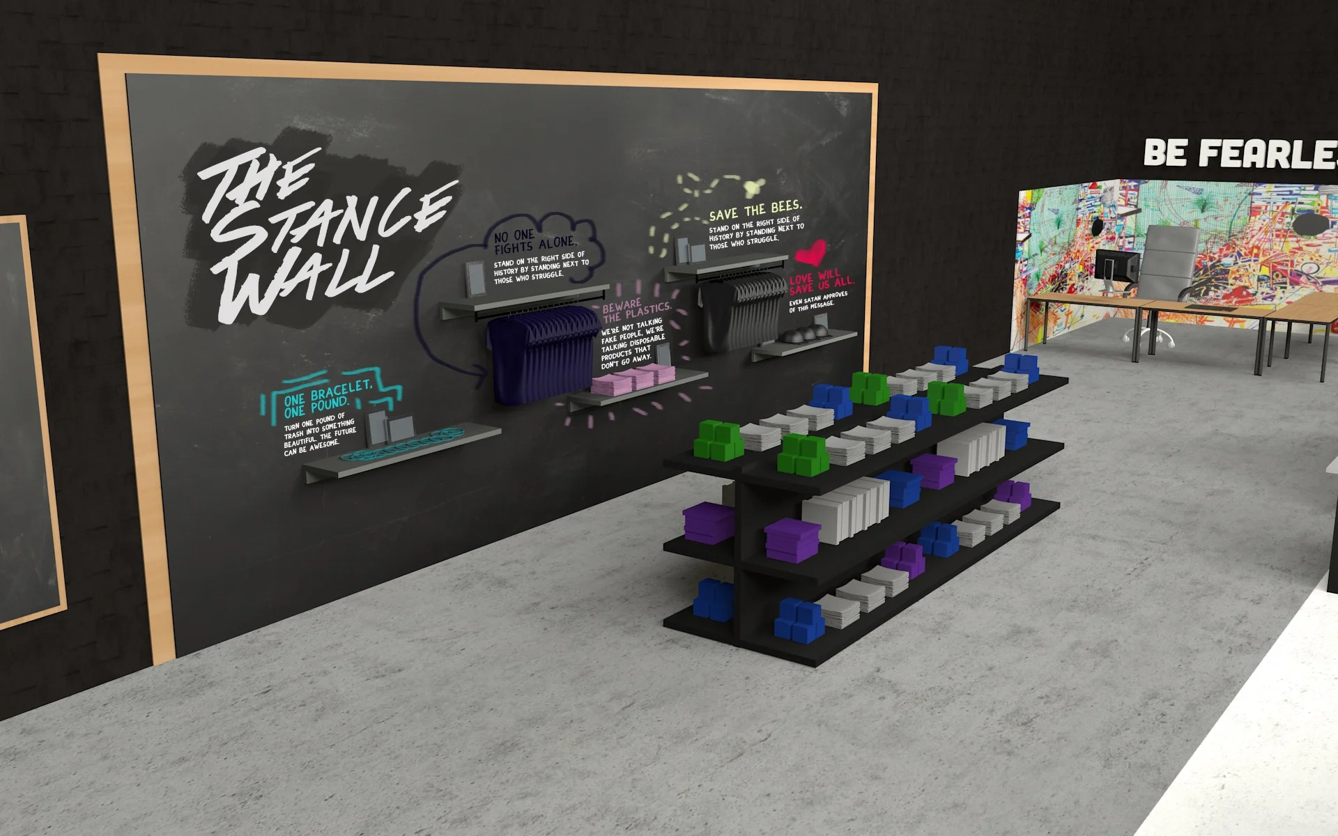 The Stance Wall displays products that benefit various causes, both local and national. Shoppers can read the story behind each product on the chalk surface and vote with their dollar.