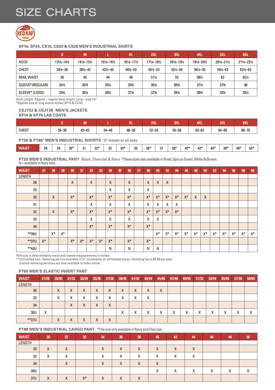 red kap jacket size chart