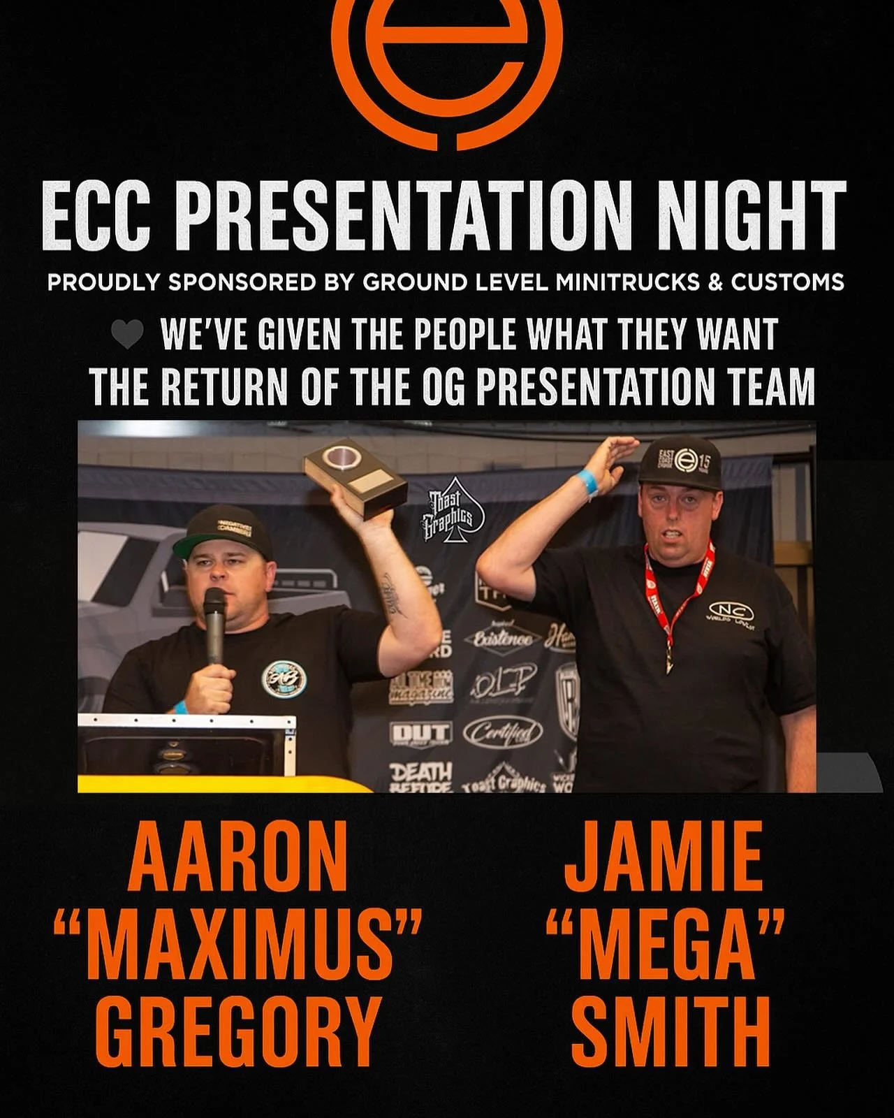 Jamie and Russ have been spending some time tlaking about the the ECC Presentation night Proudly Sponsored by Ground Level Minitrucks & Customs.
And we reached out and had some conversations and so we are proud to celebrate
That the OG Hosts Are