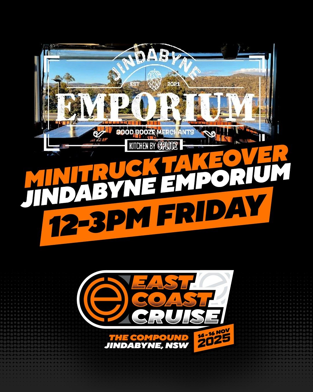 12:00 PM to 3:00 PM November the 14th at the Good Booze Merchants - Jindabyne Emporium! 
Join us as we stop at Jindabyne Emporium for a minitruck takeover, lunch and watch the trucks that are arriving in the afternoon roll into Jindabyne for ECC - it