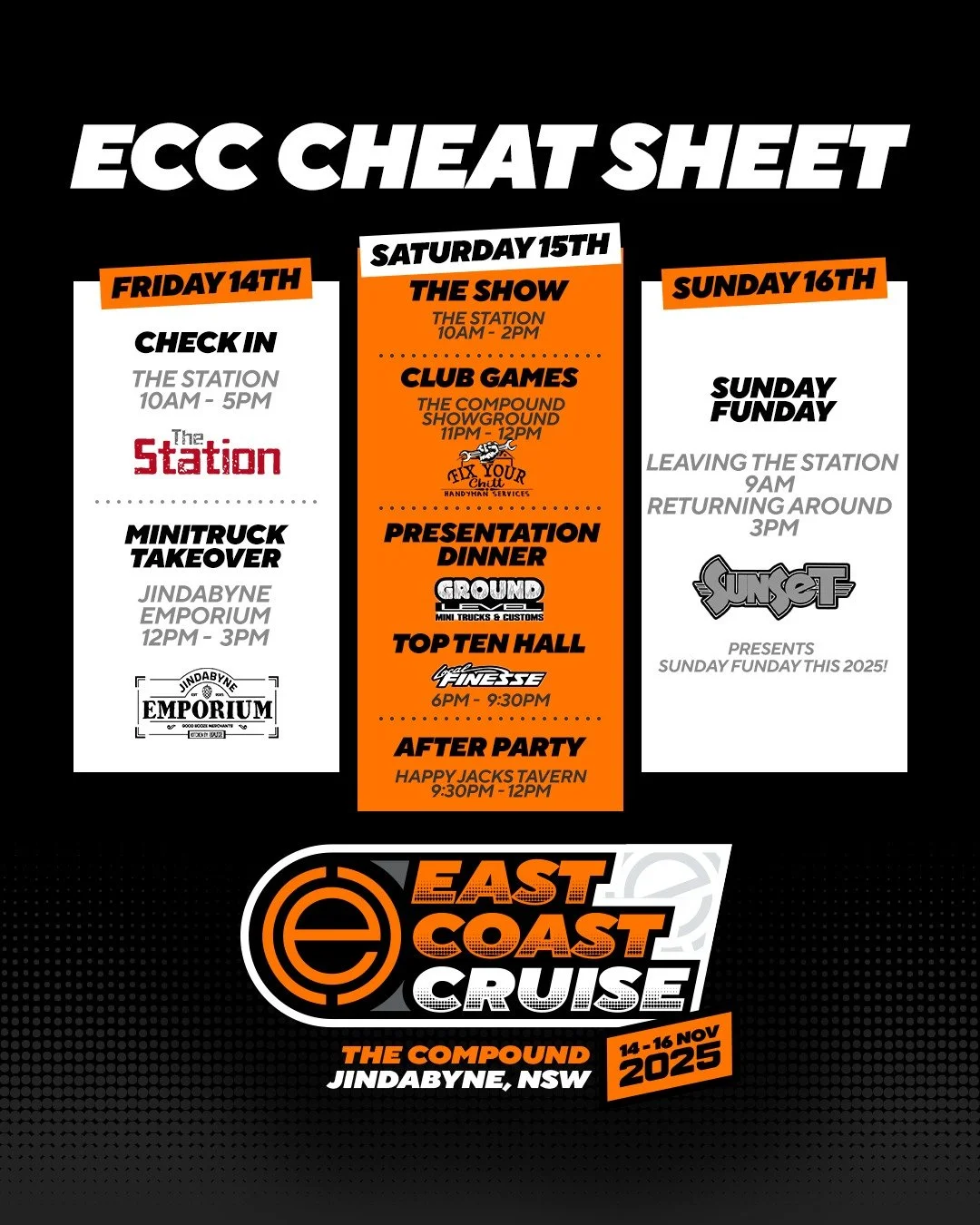 Want to know what's happening at ECC 2025? check out https://eastcoastcruise.com/ecc-2025-schedule or the cheat sheet below!
Get your registration done and lets have an epic last ECC!
-Russ (e) crew
#eccthecompound #ECC2025 #ecclegacy #ecccrunch #the