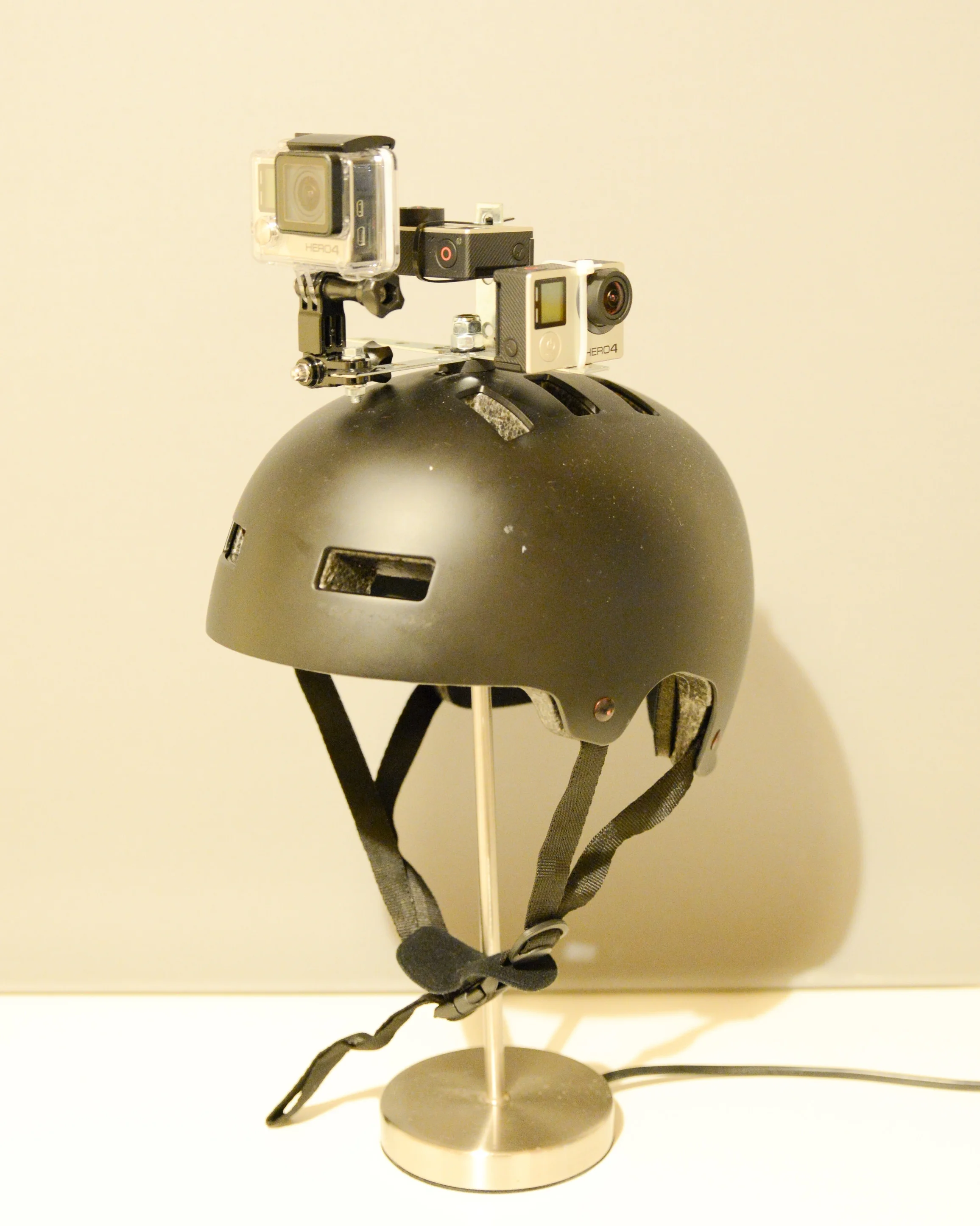 Three cameras attached a helmet following X Y Z axis.