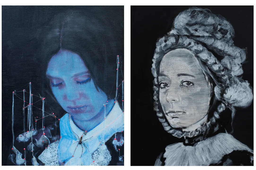 Silence we keep 2015 tempera, acryl, houtskool, spin en lijm op doek 90 x 60 cm Theater of the (unconscious) mind (II) 2016 tempera op doek 90 x 70 cm